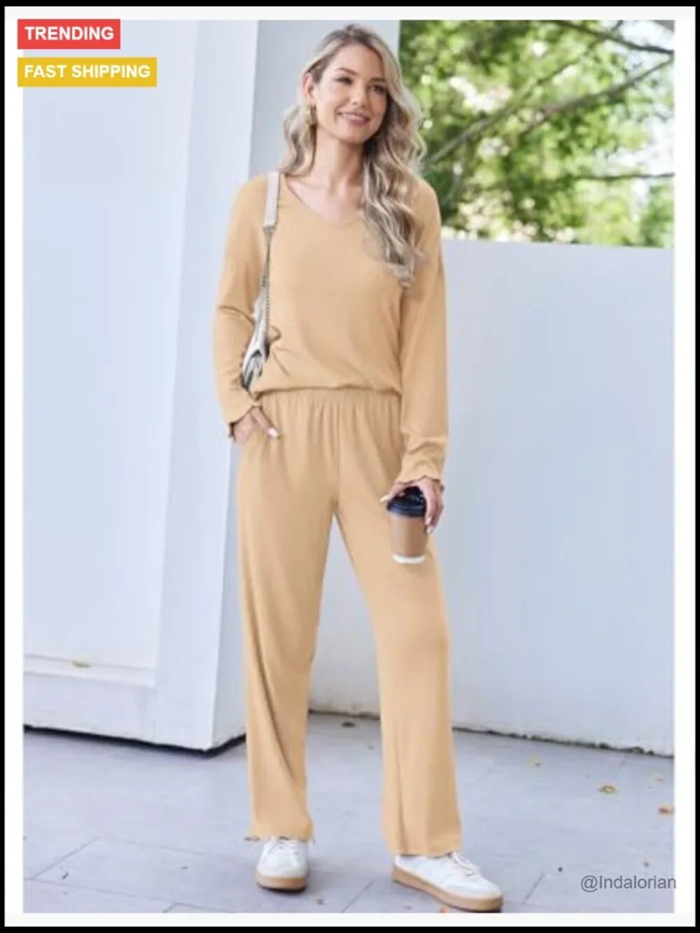 Ribbed Knit Pajama Set Long Sleeve V-Neck Loose Matching Outfit